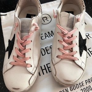 Golden Goose Superstar sneakers. White, back and silver pink laces. Size 37
